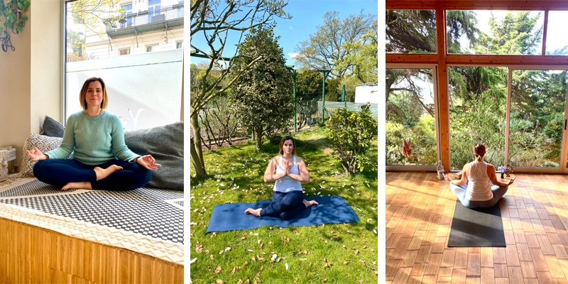Junge Frau praktiziert Yoga, Meditation im Sitzen, Surf Yoga Hamburg, Pink Wave Yoga