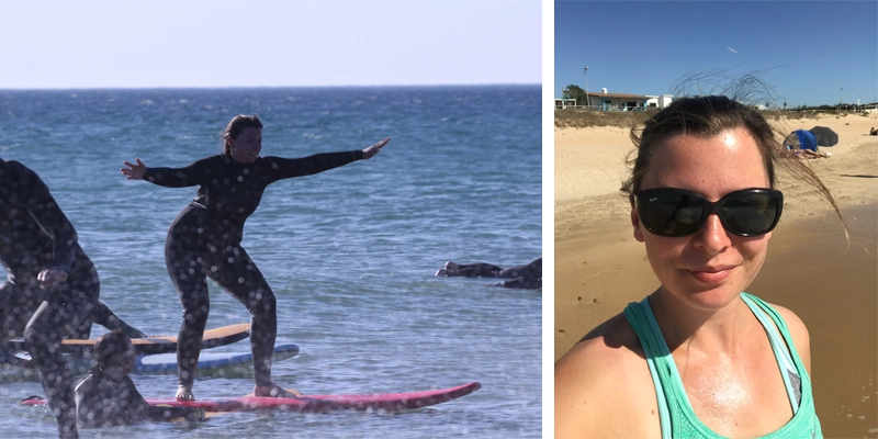 Eine Frau auf einem Surfboard im Wasser, eine Frau am Strand mit Sonnenbrille, Surf Yoga Hamburg, Pink Wave Yoga